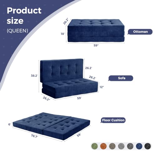 MAXYOYO 6" Folding Sofa Bed for Floor, Tufted Tri-Fold Floor Mattress | Queen Size Portable Sofa Couch Guest Mat with Chenille Fabric for Adults, Foldable Topper for Camping, Navy, Queen - color: Navy, size: Queen