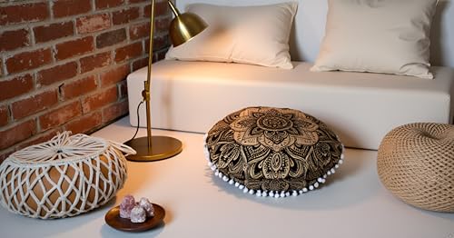 32" Black Gold Mandala Barmeri Large Floor Pillow Cover Cushion Meditation Seating Ottoman Throw Cover Hippie Decorative Zipped Bohemian Pouf Ottoman Poufs, Pom Pom Pillow Cases - size: 32" x 32" (Pack of 1), style: Bohemian