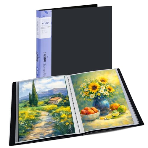 9x12 Black Art Portfolio Folder Displaying 48 Pages with Plastic Sleeves | 24-Pocket Presentation Book Binder For Artwork Storage Featuring Dark Inner Paper Inserts Protective Document Archival Holder - color: Black, size: 9*12