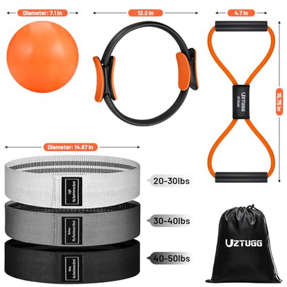 UZTUGG Pilates Equipment Kit at Home for Women, 4-in-1 Workout Essential Set with Pilates Ring, Fabric Resistance Bands, Figure 8 Resistance Band, Pilates Ball–Full Body Toning, Yoga & Stretching - color: orange pilates kit