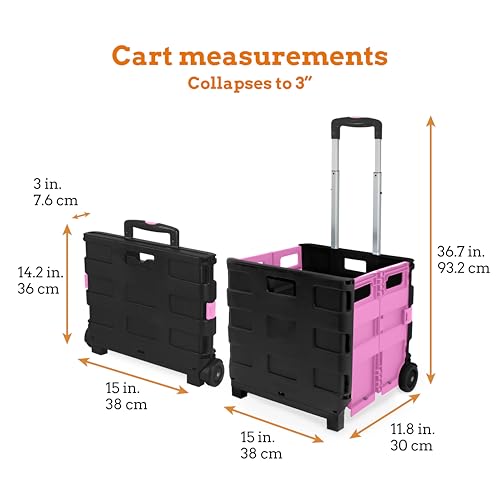 Inspired Living Ultra-Slim Rolling Collapsible Storage Pack-N-Roll Utility-carts, with Telescopic Handle, for Home, Garden, Shopping, Office, School use, Medium, Pink & Black - color: Pink, size: Medium/ No Lid