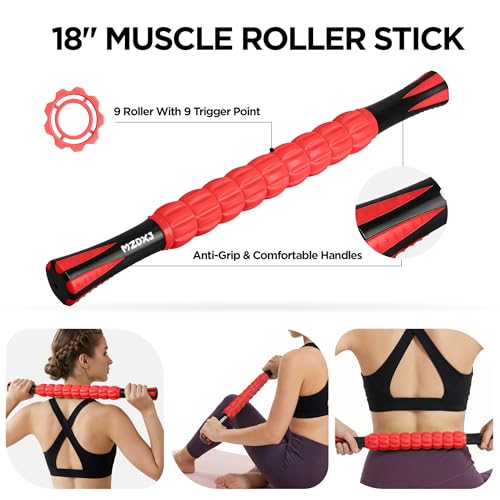 Muscle Roller & Massage Roller Stick for Athletes - Lymphatic Drainage Support, Relieves Muscle Soreness, Cramping & Tightness - Targets Legs, Arms, Back & Calves （Red Wheel） - color: Red