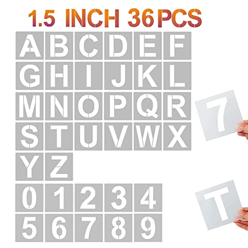 YEAJON 1.5 Inch Letter Stencils and Numbers, 36 Pcs Alphabet Art Craft Stencils, Reusable Plastic Templates for Wood, Wall, Fabric, Rock, Signage, DIY Art Projects - size: 1.5 Inch