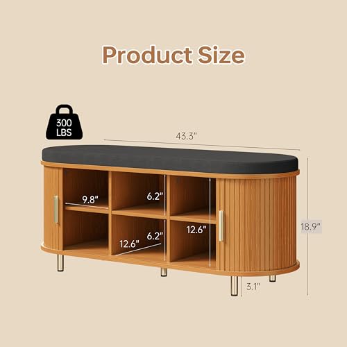 DHH 2-Tier Storage Bench,Wide Shoe Bench with Thickened Padded Seat Cushion, Mid Century Modern Fluted Sliding Door and Adjustable Shelf, for Entryway, Living Room, Bedroom (Yellow Walnut, 43.3“) - color: Yellow Walnut, size: 43.3 inch
