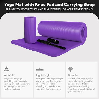 BalanceFrom 71x24 Inches Yoga Mat with Knee Pad and Optional Blocks – Extra 1-Inch Thick Non-Slip Foam with Anti-Tear Surface and Carrying Strap for Home, Studio, or Gym Workouts - color: Purple, style: Mat & Knee Pad