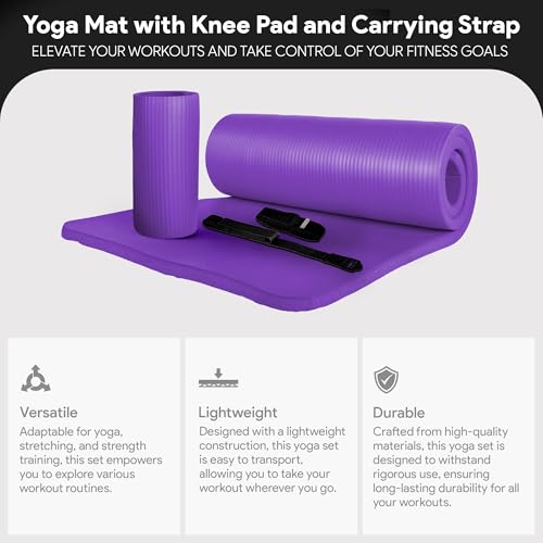 BalanceFrom 71x24 Inches Yoga Mat with Knee Pad and Optional Blocks – Extra 1-Inch Thick Non-Slip Foam with Anti-Tear Surface and Carrying Strap for Home, Studio, or Gym Workouts - color: Purple, style: Mat & Knee Pad