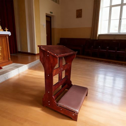 Wooden Prayer Bench Kneeler with Padded Cushion & Slanted Desktop Bible Shelf, Devotional Kneeling Table for Church & Meditation, 23”x20”x32”