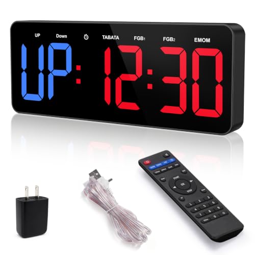 Gym Timer Clock, 12" Large Display LED Exercise Workout Interval - color: Blue&Red