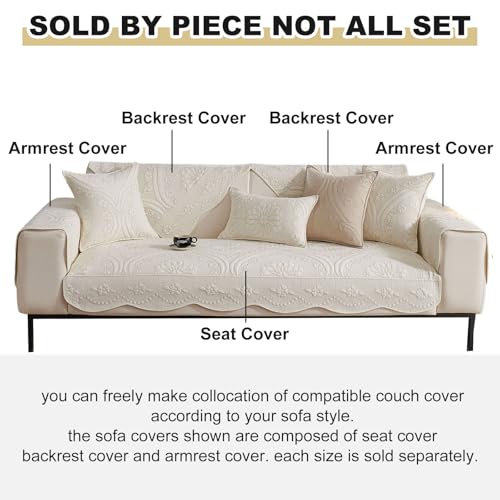 vctops Cotton Quilted Couch Cover Farmhouse Counrty Floral Embroidered Sofa Cover Non Slip Soft Scalloped Sofa Slipcover Washable Furniture Protector for Dog Pet Cat (Cream,28"x70") - color: Cream, size: 1pc/28"x70"/Rectangular