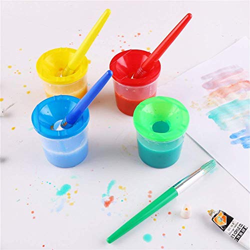 VEYLIN 4 Pcs Spill Proof Paint Cups and 4 Color Hog Bristle Paint Brushes with Handles for Kids