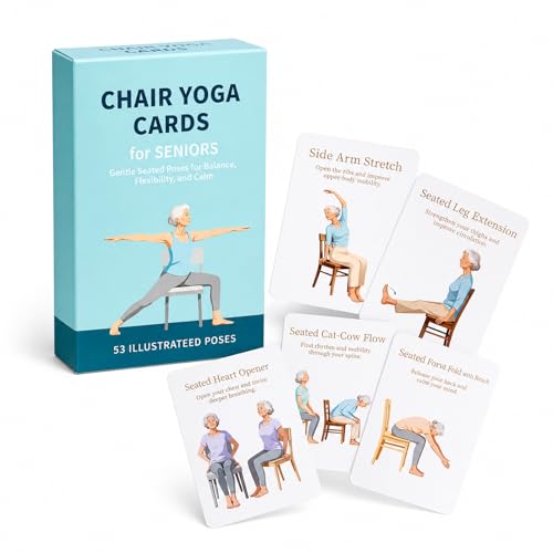 Oversized Chair Yoga Cards for Seniors, 53 Seated Yoga & Stretch Poses, Large-Print Step-by-Step Exercise Deck with Storage Box, Low-Impact Mobility & Flexibility Workouts for Older Adults