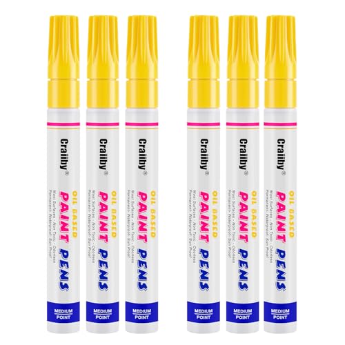 Yellow Paint Markers, 6 Pack Oil-Based Waterproof Quick Dry Permanent Paint Pen Set for Rocks Painting, Wood, Fabric, Plastic, Canvas, Glass, Mugs, Metal, Tire, Stone, DIY Craft - color: Yellow
