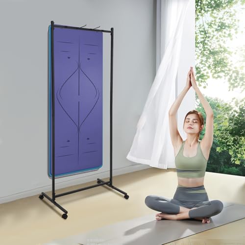 Freestanding Yoga Mat Holder Hanging, Floor Rolling Yoga Mats Cart with Double-Sided Hooks, Metal Yoga Mat Storage Rack Vertical Stand for Home Gym, Fitness Club, Black