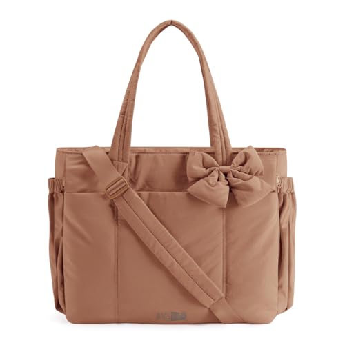 BAGSMART Crush Bow Tote Bag for Women, Puffer Travel Work Yoga Laptop Bag | Large Bow Tote Fits 40oz Tumbler, 15.6" Laptop, Yoga Mat Sleeve, Waterproof Pocket, Travel Work Swim Gym Mom Shoulder Handbag - color: Autumn Leaf, size: 20L-Large