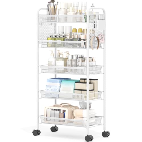 KINGRACK 5 Tier Rolling Cart, Metal Utility Storage Cart with Pegboard | Screwless Assembly, Lockable Wheels, 4 Hooks & 1 Bin, Mobile Organizer for Bathroom Kitchen Office Craft Room Laundry, White - color: White, size: 5-Tier