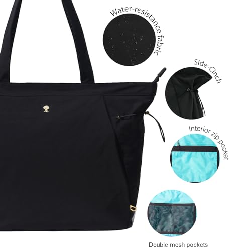 ESVAN Yoga Tote Bag for Women Shoulder Bags Drawstring for Office Workout Travel Carryall Pilates Gym and Beach - color: Black