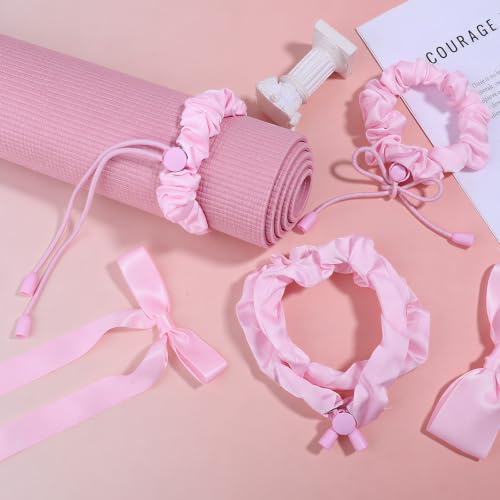 NQEUEPN 3pcs Yoga Mat Scrunchie, Mat Strap & Hair Tie (Pink)