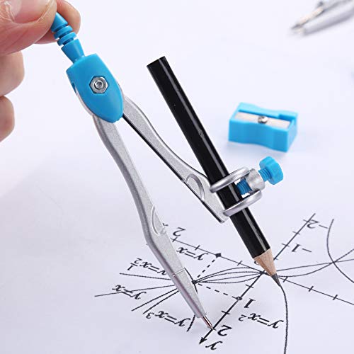 Unjoo Math Geometry Set 10 Pcs, Compass and Protractor for Students(Blue) | Shatterproof Storage Box,Rulers,Protractor,Compass,Eraser,Pencil Sharpener,Lead Refills,Pencil,for Classroom, Back to School - color: Blue