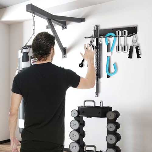 Tebery 9 Hook Home Gym Storage Rack Wall Mount, Fitness Equipment Organizer, Metal Gym Accessory Hanger for Exercise Bands, Jump Ropes, Barbells, Lifting Belts - size: 16.9''L x 4.5''W x 2''H