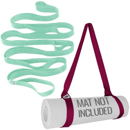 TECEUM Yoga Strap Bundle - Light Green Polypropylene 1' Stretching Strap & Deep Raspberry Cotton Blend 64 IN Yoga Mat Sling