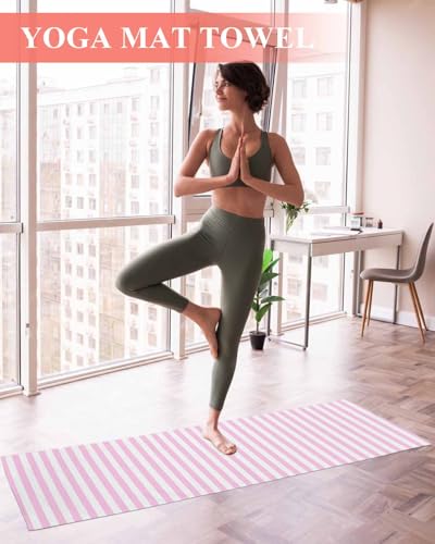 Pink White Stripe Yoga Towel for Hot Yoga Non Slip, Modern Minimalist Geometric Striped Yoga Mat Towel Absorbent Yoga Sweat Towels Microfiber Hot Yoga Blanket for Bikram Pilates Fitness 26"x74" - color: Pink, size: 26x74in