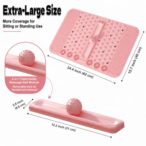 Soft TPR Extra Large Acupressure Foot Massage Mat With Removable Ball | 12 Magnets, Silicone-Like TPR, 24.4" x 15.7" Roll-Up Under Desk Foot Massager For Plantar Fasciitis And Foot Pain Relief - color: Pink