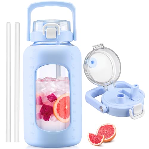 BLUEGO 84oz Glass Water Bottle with Straw and Handle, Large Water Bottle with Sip & Chug Lid, 2.5L Water Jug Silicone Sleeve with Time, Full Day Drinking Bottle for Sports BPA Free, Blue - color: Light Blue, size: 84 Ounces