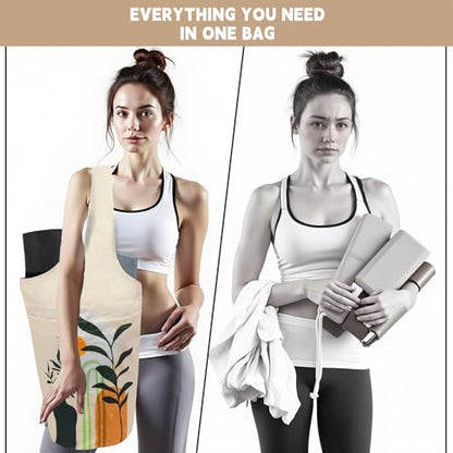 Yoga Mat Bag Carrier for Women with Side Large Pocket Durable Linen Workout Gym Travel Storage Pilates Mats - color: Boho Plants