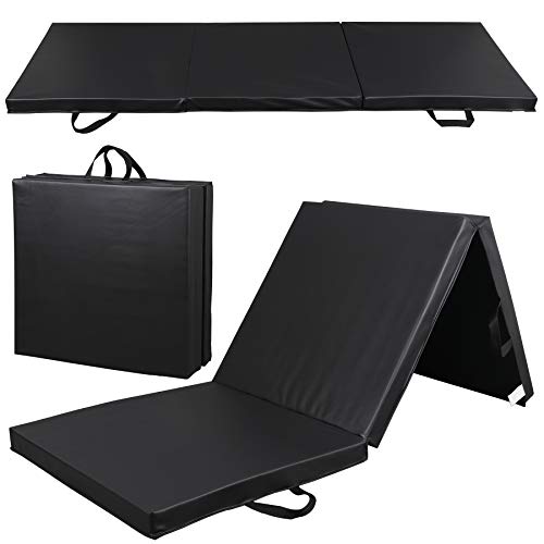 6' x 2' Tri-Fold Portable Folding Exercise Gym Mat Extra Thick Foam Gymnastics Mat Aerobics Yoga Martial Arts MMA Stretching Core Workouts w/Carrying Handle - color: Black