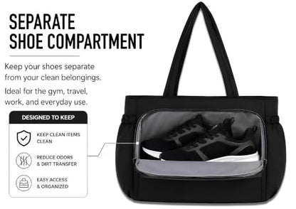 Gym bag with yoga mat holder Tote Bag for Women with cup holder travel - color: Black