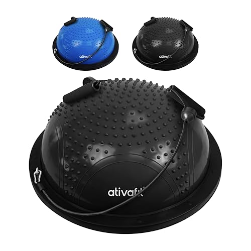 ATIVAFIT Balance Ball Trainer - Half Exercise Ball with Inflation Pump & Resistance Bands - Anti-Burst PVC Stability Trainer for Home Gym, Yoga, Core Training - 660 lbs Capacity - color: Massage Black