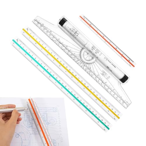 4-Piece Architectural Scale Ruler Set, 12'' Clear Scales Triangular Ruler Set, 3-Color-Coded Grooved Set Square for Drafters, Architects, and Engineers Blueprint Project