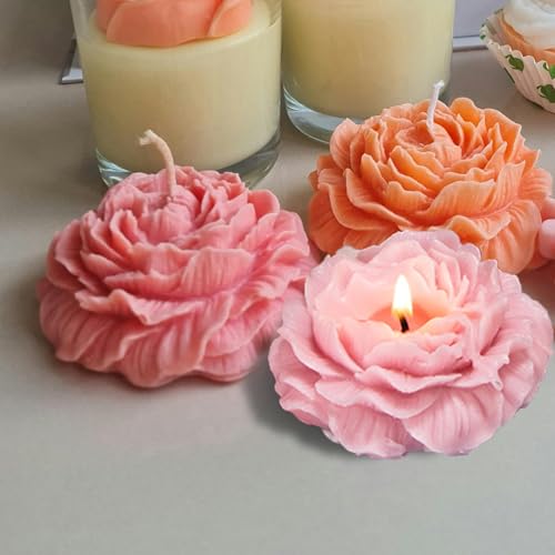 3 Pack Peony Silicone Candle Mold Flower Mold Resin Casting Molds with Large-Eye Wicking Needle,Candlewick for DIY Scented Candle, Soy Wax, Cake, Soap,Craft Making - color: 3PCS-Peony