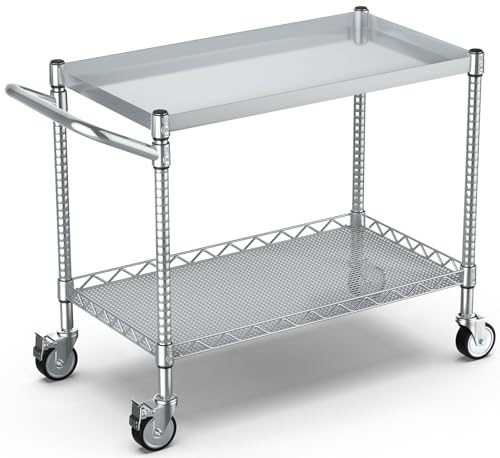 Utility Tool Cart with Wheel, 45In Large Rolling Utility Carts with Handle | 2 Tier Heavy Duty Commercial Grade Metal Serving Storage Carts for Warehouse Garage Kitchen, 25" D x 45" W x 40" H-Silver - color: 2-silver, size: 2 Tier