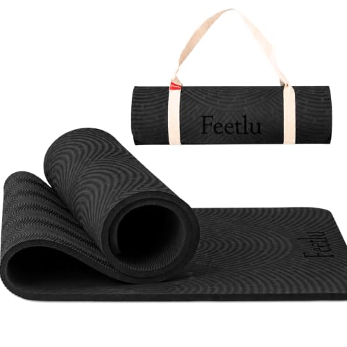 Extra Thick 12mm Exercise Mat – 74"L x 26"W Inch, Non-Slip, Joint-Friendly & Cushioned Fitness Mat for Yoga, Pilates & Floor Workouts – Durable, Supportive & Includes Feetlu Classic Strap - color: Black