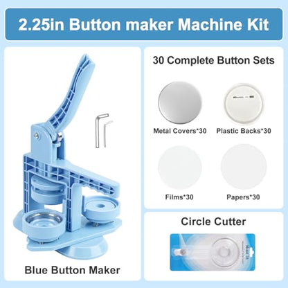 Happizza Button Maker Machine 58mm/2.25in Installation-Free DIY 58mm Blue Pin Badge Button Maker Press Machine Badge Punch Press with Free 30pcs Button Parts,Pictures,Circle Cutter - color: Blue