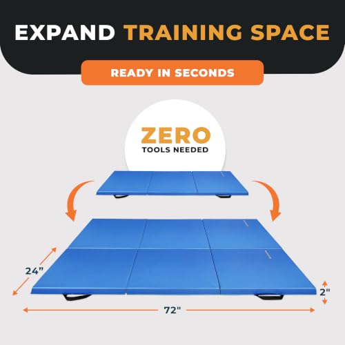 BalanceFrom 6x2 Feet 3-Panel Folding Gymnastics Mat – 2-Inch Thick Pad with Vinyl Surface and Carrying Handles for Tumbling, Yoga, Pilates, Home Workouts, and Martial Arts - color: Blue