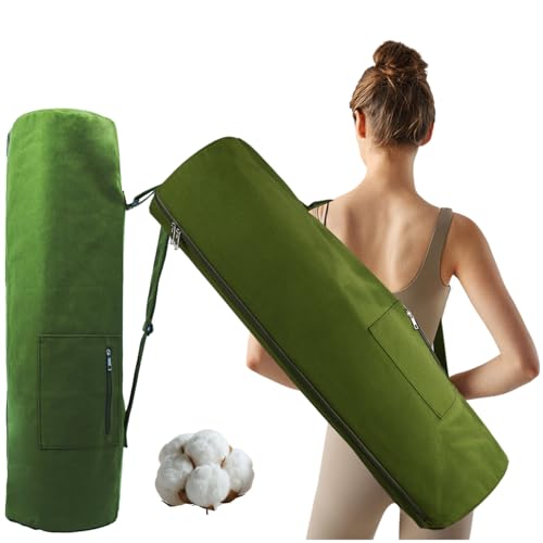Cotton yoga mat bag with Pockets and Adjustable Strap - Full Zip Cargo Yoga Mat Carrier Bag - Bag for 1/4" 1/3" Thick Yoga Mat - color: Green, size: XL