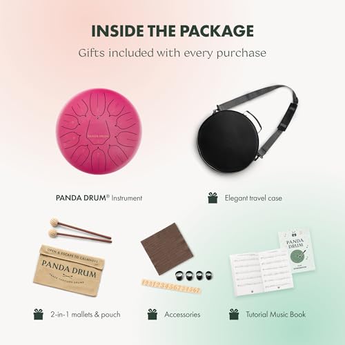 Panda Drum Plus (Pink) | Steel Tongue Drum for Inside & Outside | 11 Inch | with Music Book, Mallets, Carrying Bag & Finger Picks | 432 Hz Rain Drum | Calming Musical Instrument for Adults - color: Pink