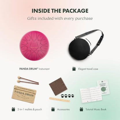Panda Drum Plus (Pink) | Steel Tongue Drum for Inside & Outside | 11 Inch | with Music Book, Mallets, Carrying Bag & Finger Picks | 432 Hz Rain Drum | Calming Musical Instrument for Adults - color: Pink