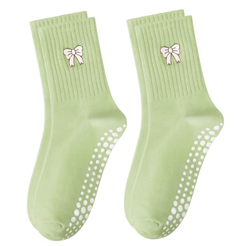 Women's Pilates Grip Socks, Ruffle Non Slip Bow Pattern Yoga Socks | Grippy, Frilly Trim, Embroidery, Crew Length, Soft Cotton, Arch Support, for Barre Ballet Dance Workout Hospital Home Gifts - color: C08-matcha(white Bow)*2