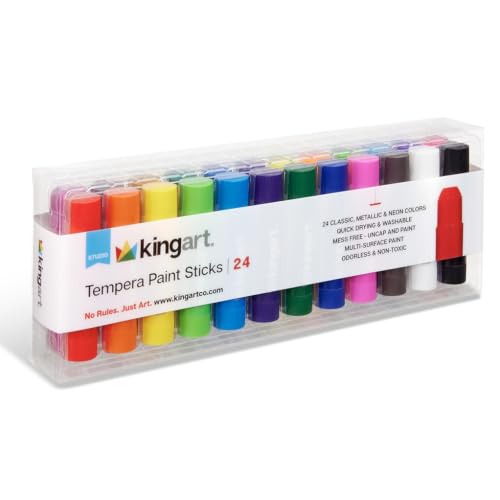 KINGART Tempera Paint Sticks – 24 Metallic & Neon Colors – Quick-Drying, Washable, Solid Paint Crayons – Mess-Free Multi-Surface Medium for Paper, Wood, Canvas, & Glass