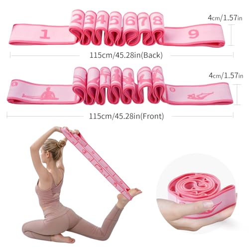 2 Pack 9-Loop Stretch Strap with Pose Guide Pattern, Elastic Yoga Band for Dance, Pilates, Gymnastics, Flexibility Exercise, Kids Workout Training, Youth Ballet Belt - color: Purple+Pink