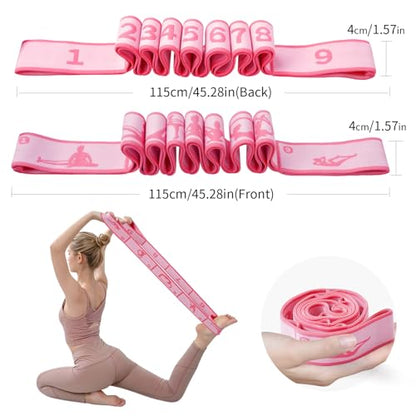 2 Pack 9-Loop Stretch Strap with Pose Guide Pattern, Elastic Yoga Band for Dance, Pilates, Gymnastics, Flexibility Exercise, Kids Workout Training, Youth Ballet Belt - color: Purple+Pink