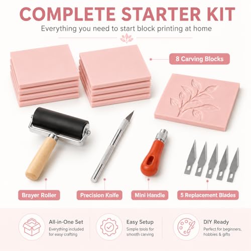 8Pcs Linoleum Blocks for Printmaking, 4 x 6 Rubber Carving Block, Stamp Carving Kit, Rubber Stamp Kit with Cutter Tools for Stamp Carving, DIY Printmaking Pink