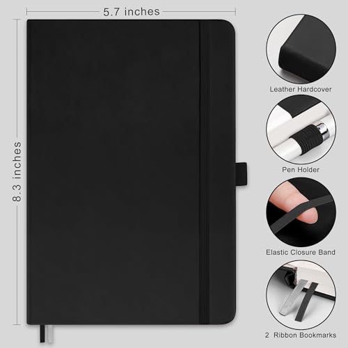 RETTACY Dotted Journal Notebook, 192 Pages, A5 Medium Size (5.7'' x 8.3'') | Leather Hardcover, 100 GSM Thick Paper, for Journaling, Planning, Tracking (Black) - color: Black, style: Dotted