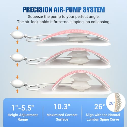 Back Stretcher for Back Pain, Adjustable Height & Soft Sponge Material | Lumbar Back Stretcher With Acupressure Points, Air Pump Adjustable Height, Spine Stretching Support, Scoliosis, Manual Includ - color: Pink