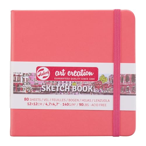Talens Art Creation Sketchbook, Coral Red, 80 Sheets, 4.7 x 4.7 in | Hard-Bound Pocket Notebook, 140 GSM/94 lbs Paper, Acid-Free Cream Blank Paper, Ribbon Bookmark, and Elastic Closure - color: coral red, size: 12×12cm