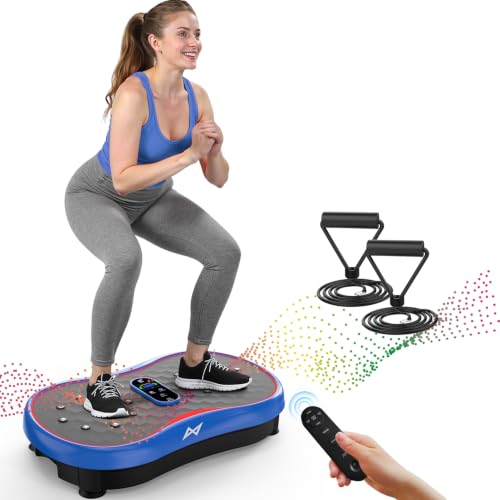 AXV Vibration Plate Fitness Platform Exercise Machine Body Vibrating Board | Curved Design Powerful 200W Bluetooth Oscillating Shake Plate for Lymphatic Drainage Recovery Whole Body Toning With Handles - color: BASIC.BLUE