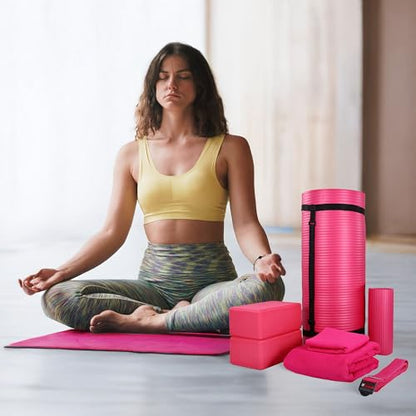BalanceFrom 7-Piece Yoga Set with 71x24x1 Inches Extra Thick Mat and Carrying Sling – Includes 2 Blocks, Stretch Strap, 2 Towels, and Knee Pad for Home, Studio, and Gym Workouts - color: Pink